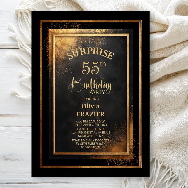 Modern Black Gold Surprise 55th Birthday Party Invitation (Creator Uploaded)