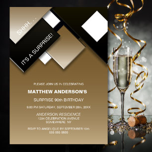 Modern Black Gold Surprise 90th Birthday Party Invitation