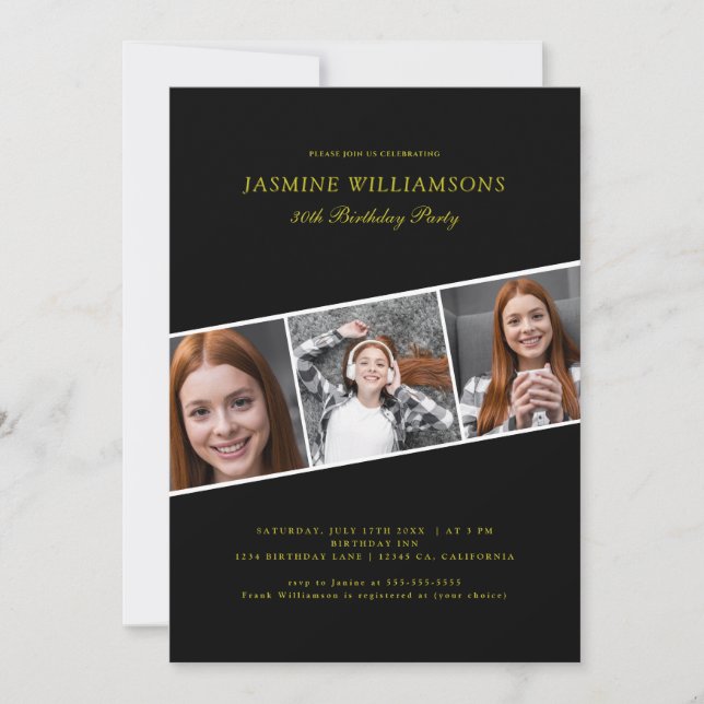 Modern black gold three photo collage birthday  invitation (Front)