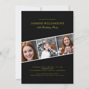 Modern black gold three photo collage birthday invitation