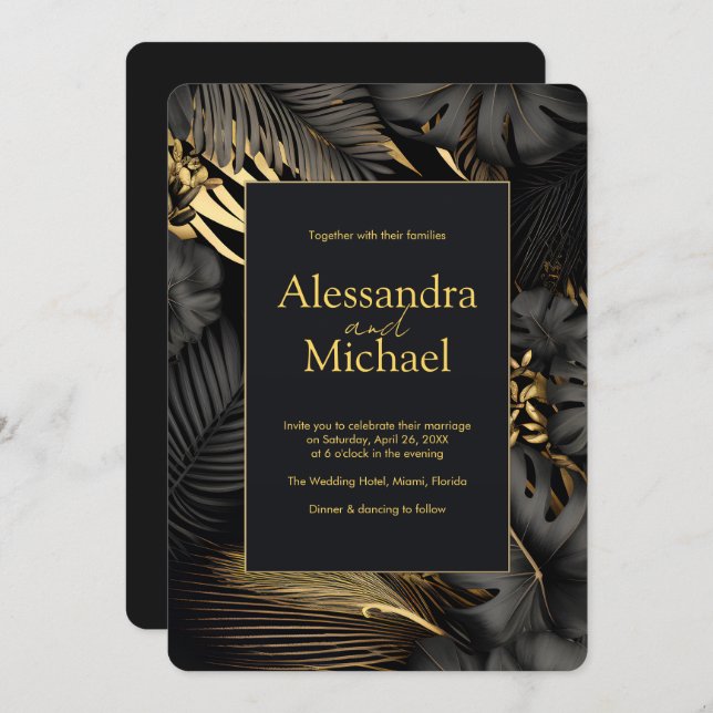 Modern Black Gold Tropical Leaves Wedding Invitation (Front/Back)