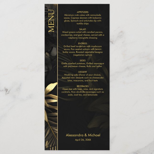 Modern Black Gold Tropical Leaves Wedding Menu (Front)