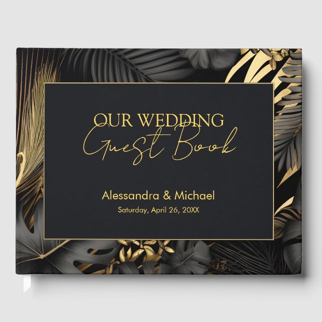 Modern Black Gold Tropical Wedding Guest Book (Front)