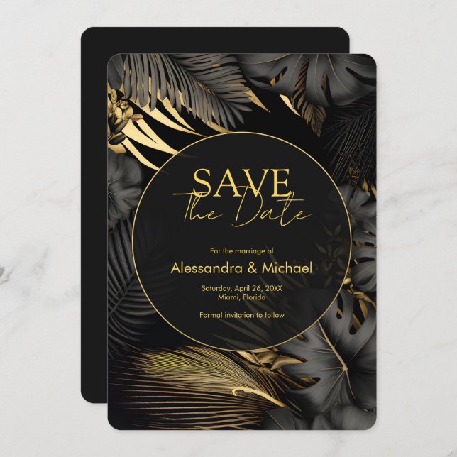 Modern Black Gold Tropical Wedding Save The Date Invitation (Front/Back)