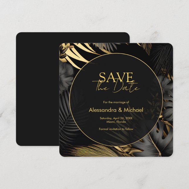 Modern Black Gold Tropical Wedding Save The Date Invitation (Front/Back)