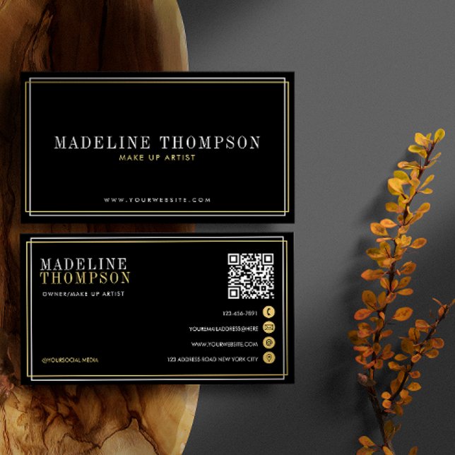 Modern Black Gold Typography QR code Business Card (Creator Uploaded)