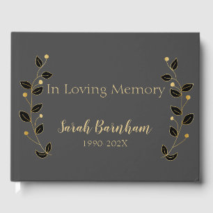 Modern Black & Gold Vines Memorial Guest Book
