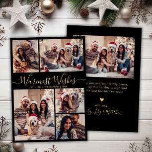 Modern Black Gold Warmest Wishes Script 5 Photo Holiday Card