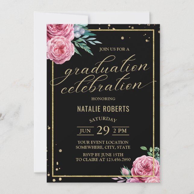 Modern Black & Gold Watercolor Floral Graduation Invitation (Front)