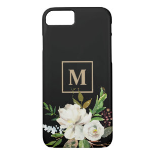 Modern Black Gold Watercolor Floral Monogram Case-Mate iPhone Case