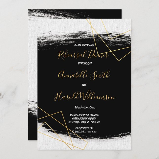 Modern Black & Gold  Watercolor G Rehearsal Dinner Invitation (Front/Back)