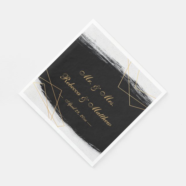 Modern Black & Gold Watercolor Geometric Napkin (Corner)