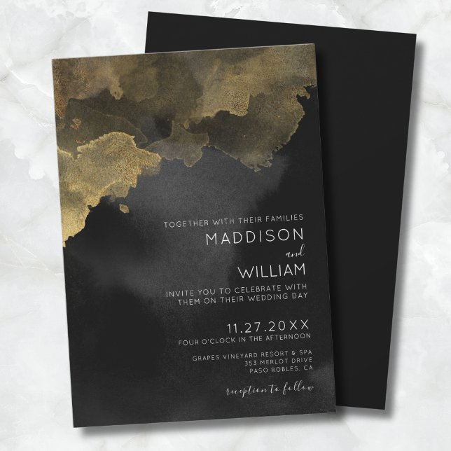 Modern Black Gold Wedding Invitation (Modern Watercolor Black Gold Wedding Invitation)