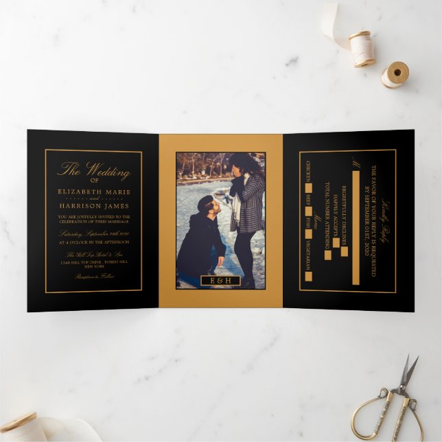Modern Black & Gold, Wedding Suite Tri-Fold Invitation (Inside)