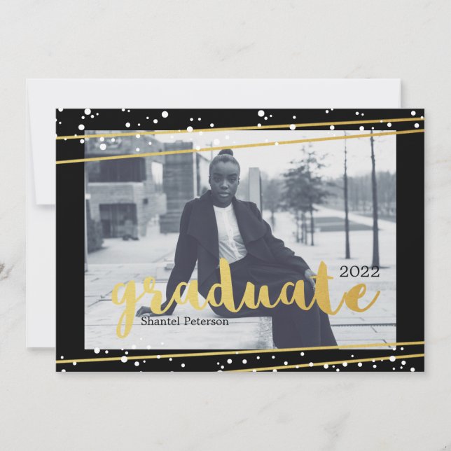 Modern Black, Gold, & White Graduate Invitations (Front)