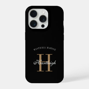 Modern Black Gold White Monogram Name iPhone 15 Pro Case
