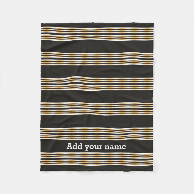 Modern Black Gold White Stripes Personalised Fleece Blanket (Front)