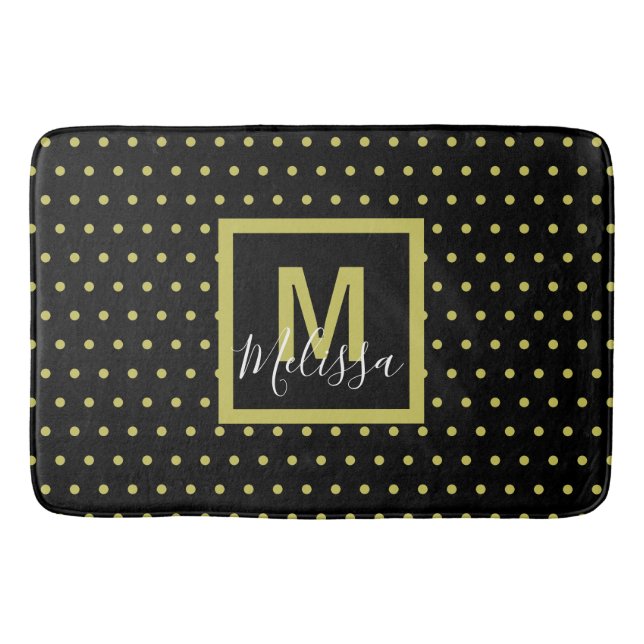 Modern Black Golden Circle Pattern Monogram Bath Mat (Front)