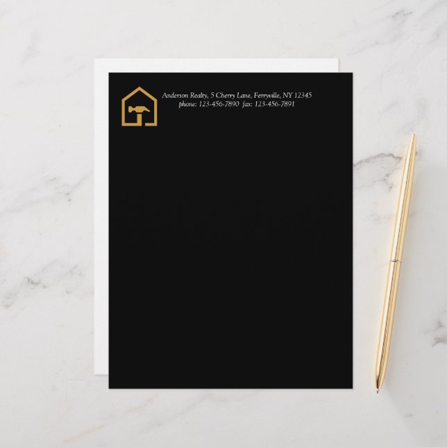 Modern Black & Golden Construction Building Custom Letterhead (Front/Back In Situ)