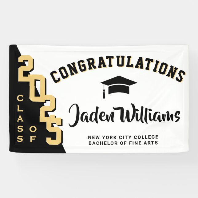 Modern Black Golden Graduation Class of 2025 Party Banner (Horizontal)