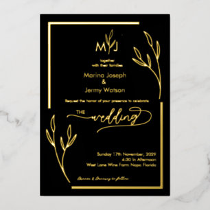 Modern Black & Golden Leaflet Border Monogram