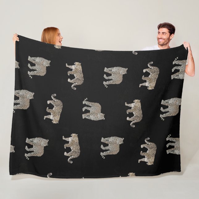 Modern Black Golden Leopard Jungle Animals Fleece Blanket (In Situ)