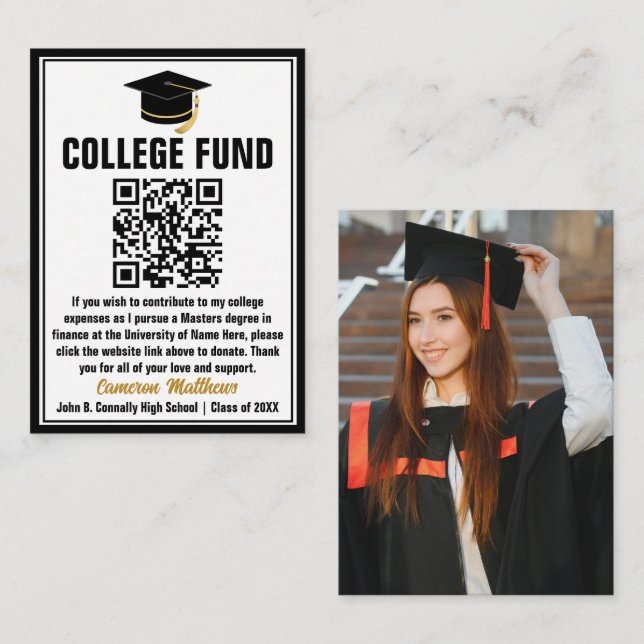 Modern Black Graduate Photo College Fund QR Code Enclosure Card (Front/Back)