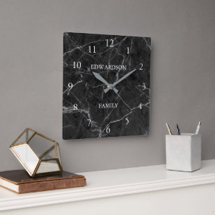 Modern black gray marble pattern family name square wall clock