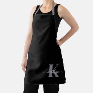 Modern Black Gray Script Monogram Apron
