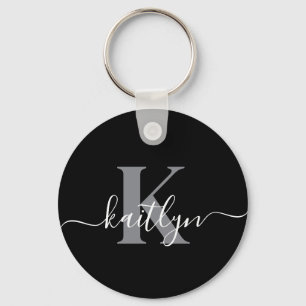 Modern Black Gray Script Monogram Key Ring