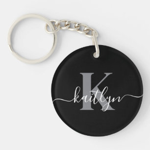 Modern Black Gray Script Monogram Key Ring