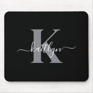 Modern Black Gray Script Monogram Mouse Pad