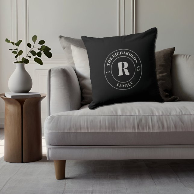Modern Black Grayish Stamp Family Monogram  Cushion (Creator Uploaded)