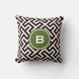 Modern black greek key geometric pattern monogram cushion
