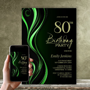 Modern Black Green 80th Birthday Party Invitation