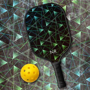 Modern Black Green Blue Cool Abstract Monogrammed Pickleball Paddle