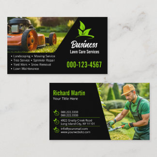 Modern Black Green Lawn Mowing Landscaping Business Card