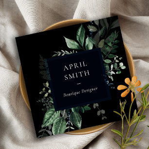 Modern Black Green Leafy Tropical Foliage Fern Square Business Card