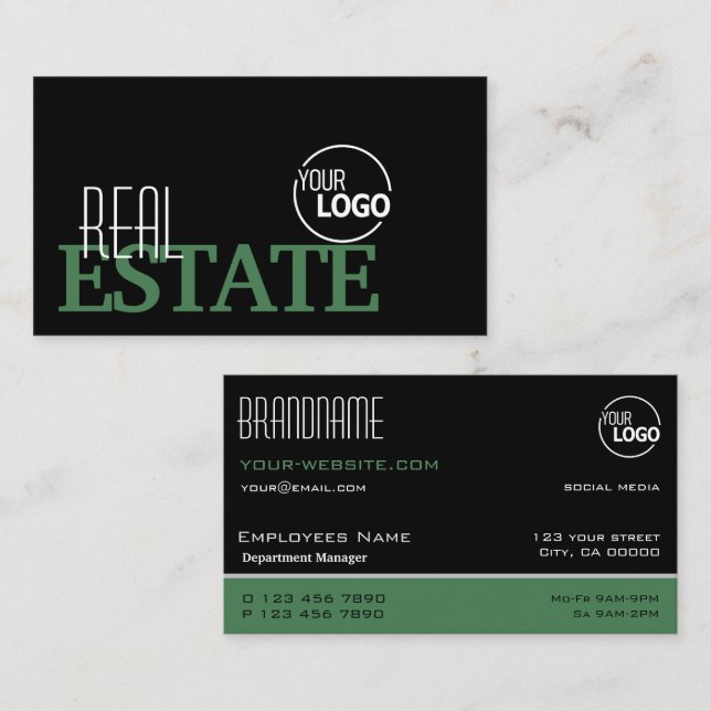 Modern Black Green White Simple Stylish with Logo Business Card (Front/Back)