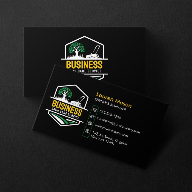 Modern Black Green Yellow Lawn Care Mow Landscape Business Card (Creator Uploaded)
