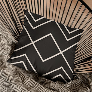 Modern Black Greige Ivory Geometric Stripes Art Cushion