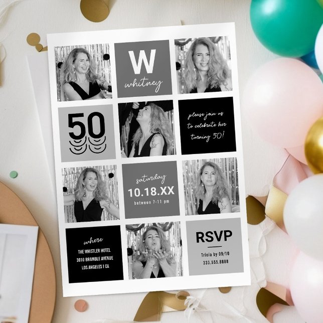 Modern Black Grey 50th Photo Invitation (Creator Uploaded)