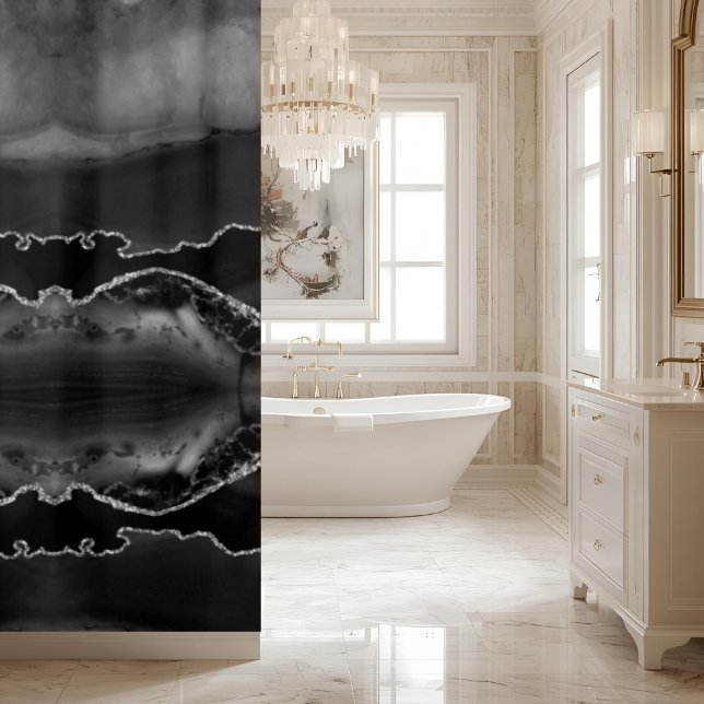 Modern Black Grey Agate Marble Crystal Geode Shower Curtain (Creator Uploaded)