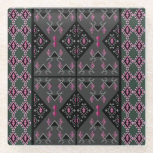 Modern Black, Grey and Kilim Pink Inspired Pattern Glass Coaster