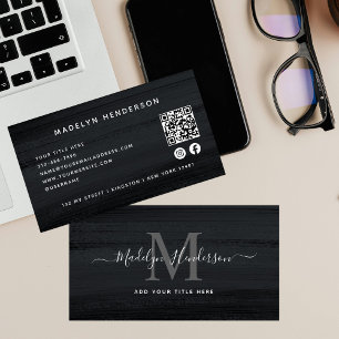 Modern Black Grey Brush QR Code Social Media Business Card
