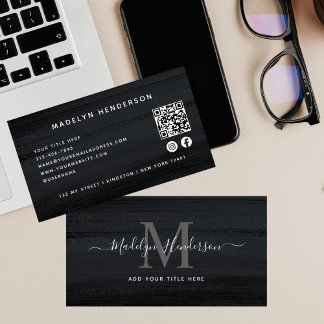 Modern Black Grey Brush QR Code Social Media Business Card