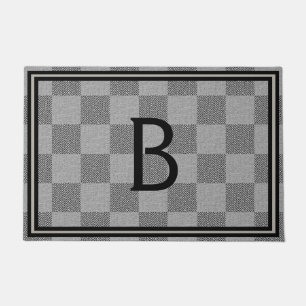 Modern Black Grey Buffalo Plaid Monogram Doormat