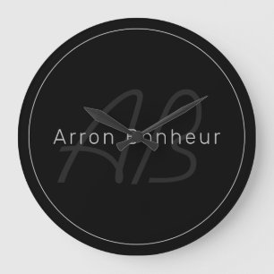 Modern Black & Grey Cool Name & Monogram Large Clock