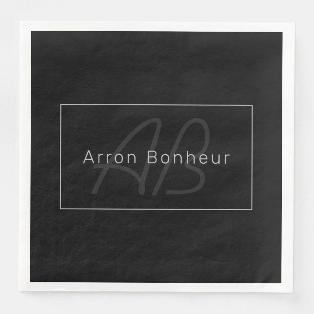 Modern Black & Grey | Cool Name & Monogram Napkin (Front)