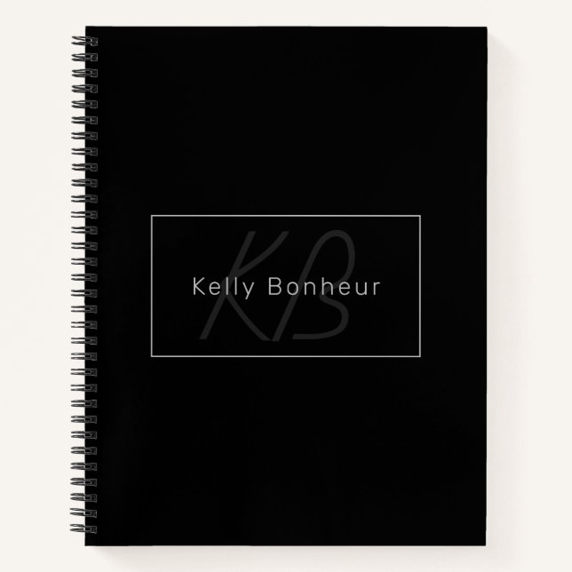 Modern Black & Grey | Cool Name & Monogram Notebook (Front)